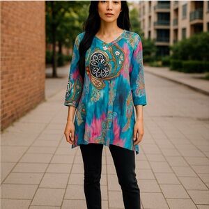 Simply Obsessed Paisley Print Teal and Pink Women's Top